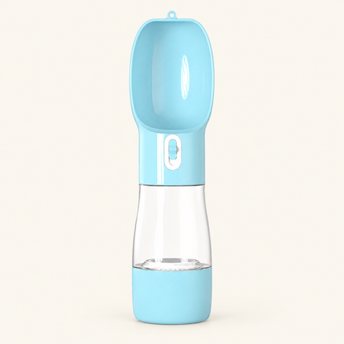Blue portable dog water bottle on a cream background