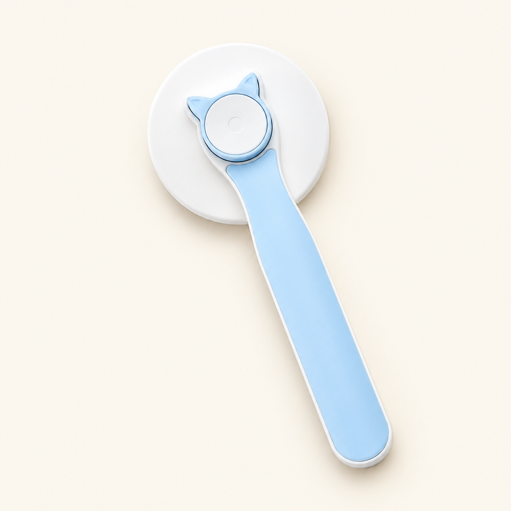 Blue self-cleaning pet grooming brush on a cream background