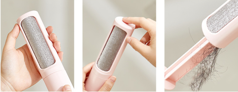 Pioneer Picks reusable pet hair remover showing grip, cleaning motion and collected pet hair