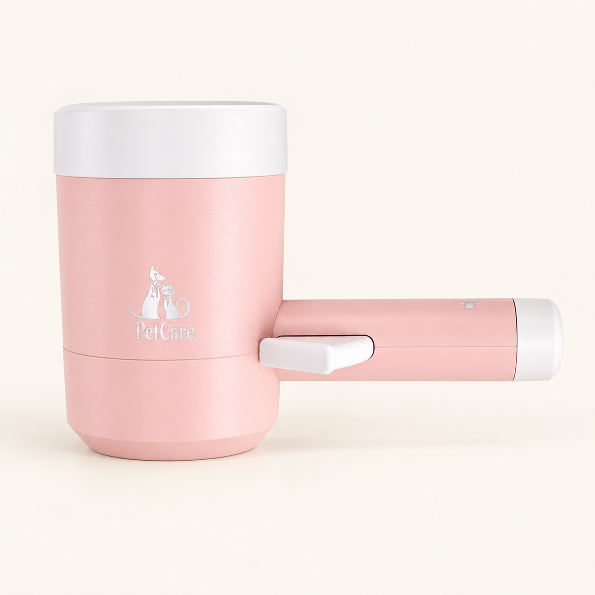 Pink paw cleaning cup with handle on a cream background