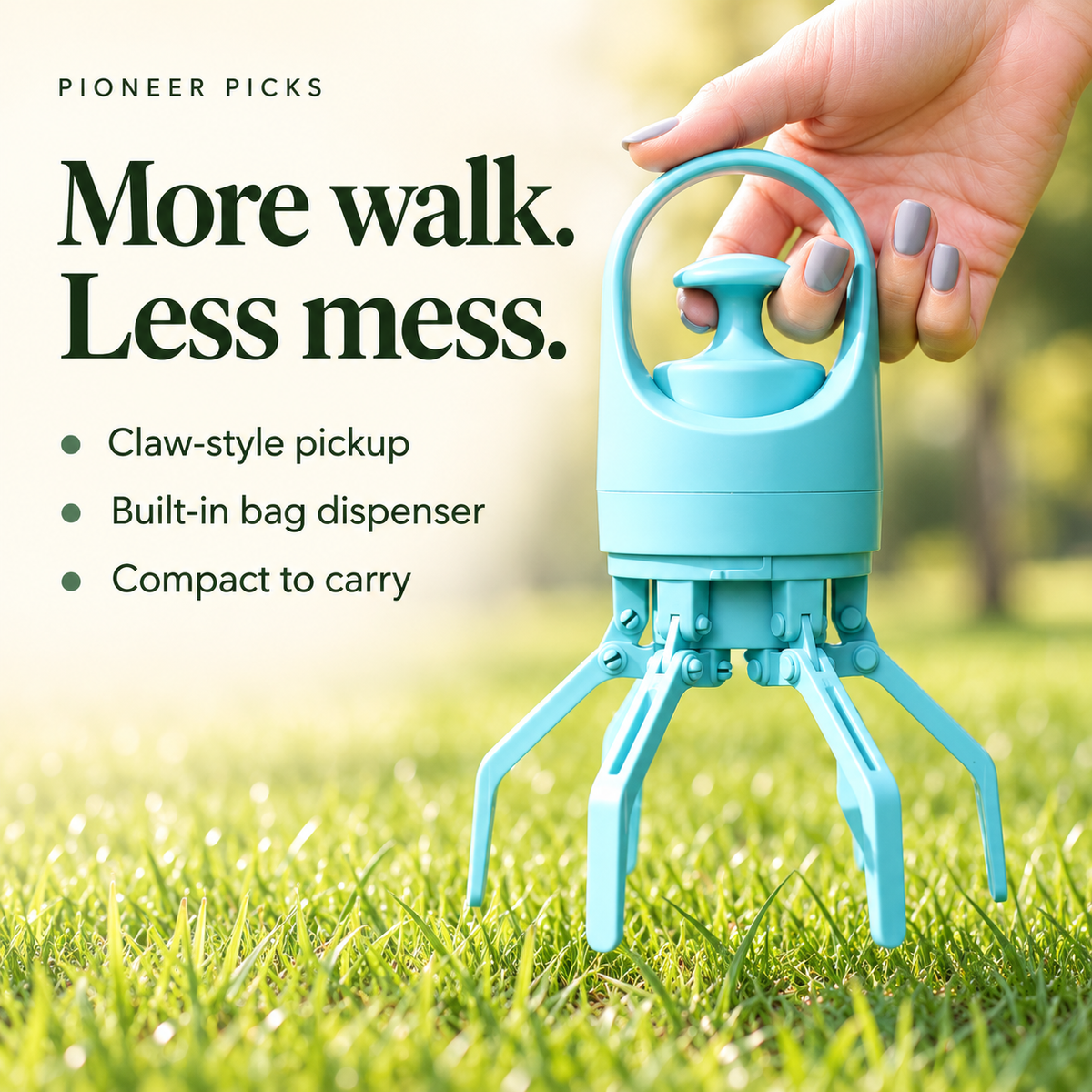 Claw-style pickup, built-in bag dispenser and compact carry