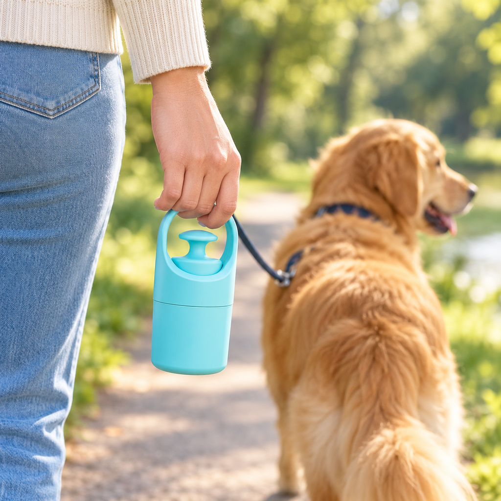 Compact blue poop scooper carried on a dog walk