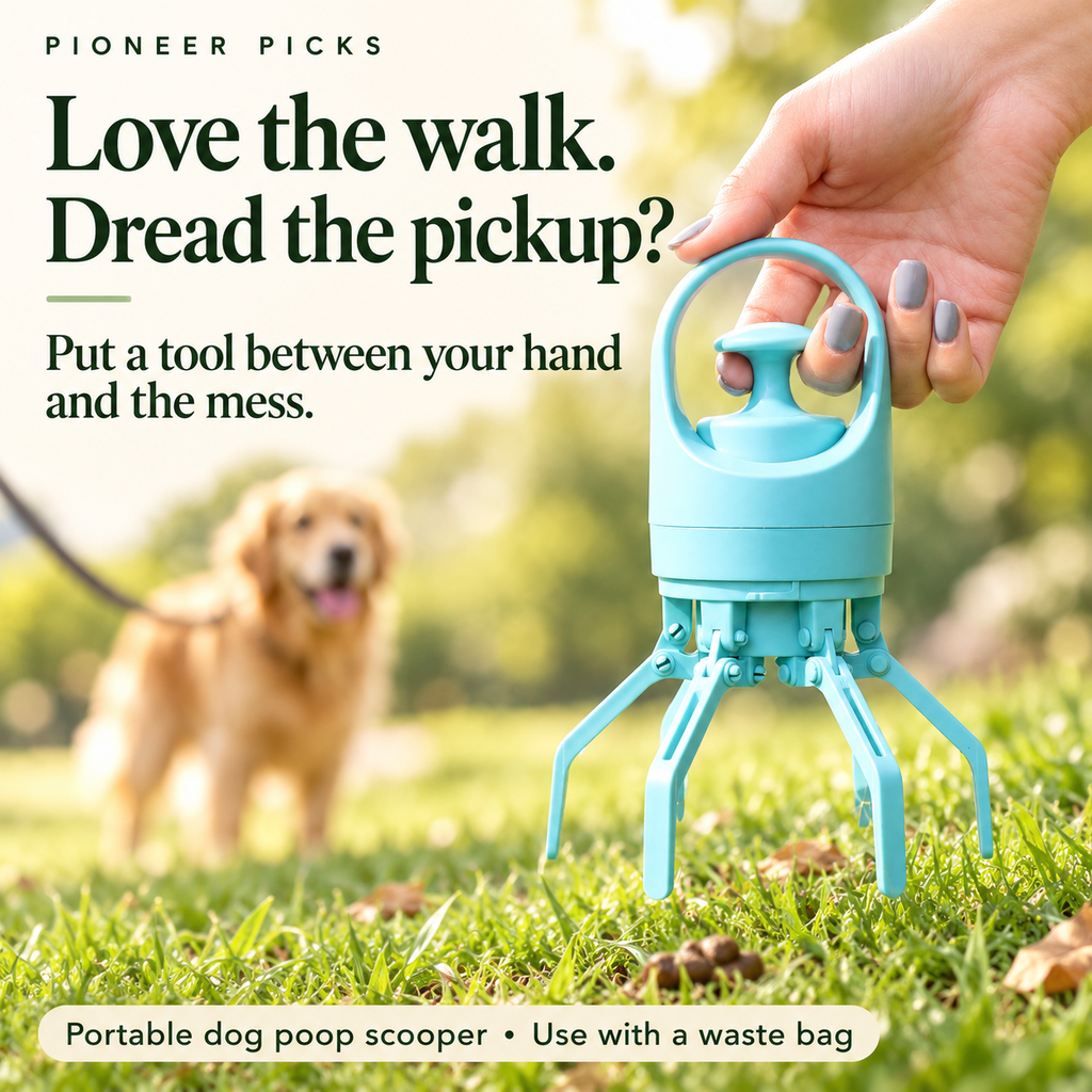 Love the walk. Dread the pickup? Portable blue dog poop scooper for use with waste bags.