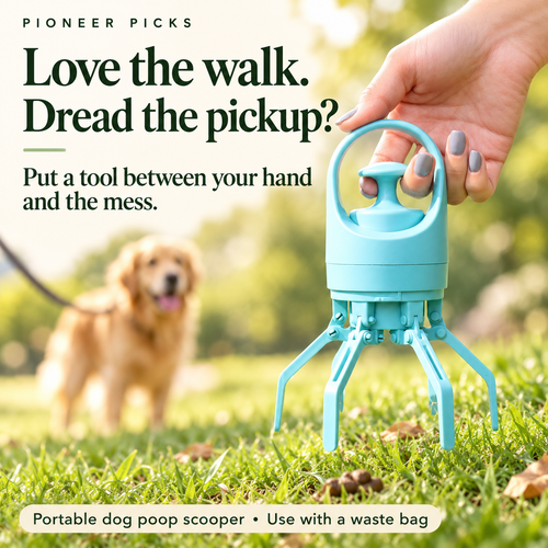 Love the walk. Dread the pickup? Portable blue dog poop scooper for use with waste bags.