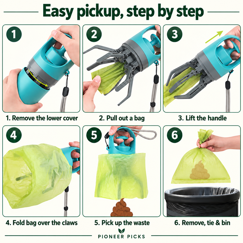 Six photo steps showing cover removal, pulling out a bag, lifting handle, folding bag over claws, pickup and disposal.