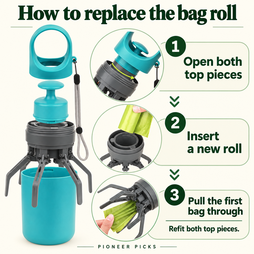 How to replace the scooper bag roll: open both top pieces, insert roll, pull first bag through, refit pieces.